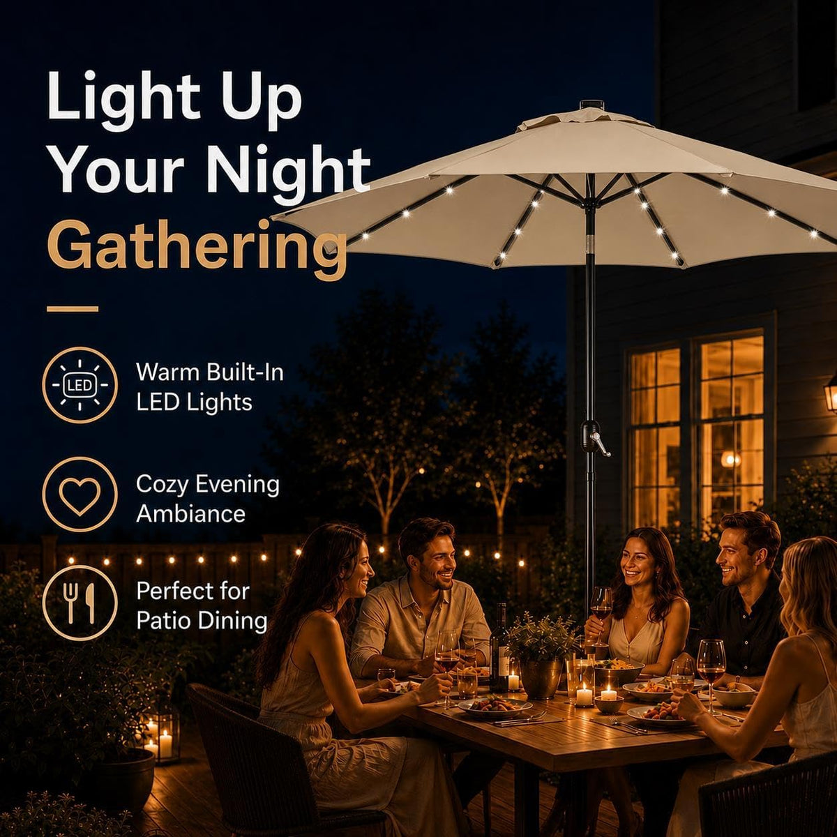 Yaheetech parasol met solarverlichting - 32 ledlampjes - Ø 9 ft - kleur Tan