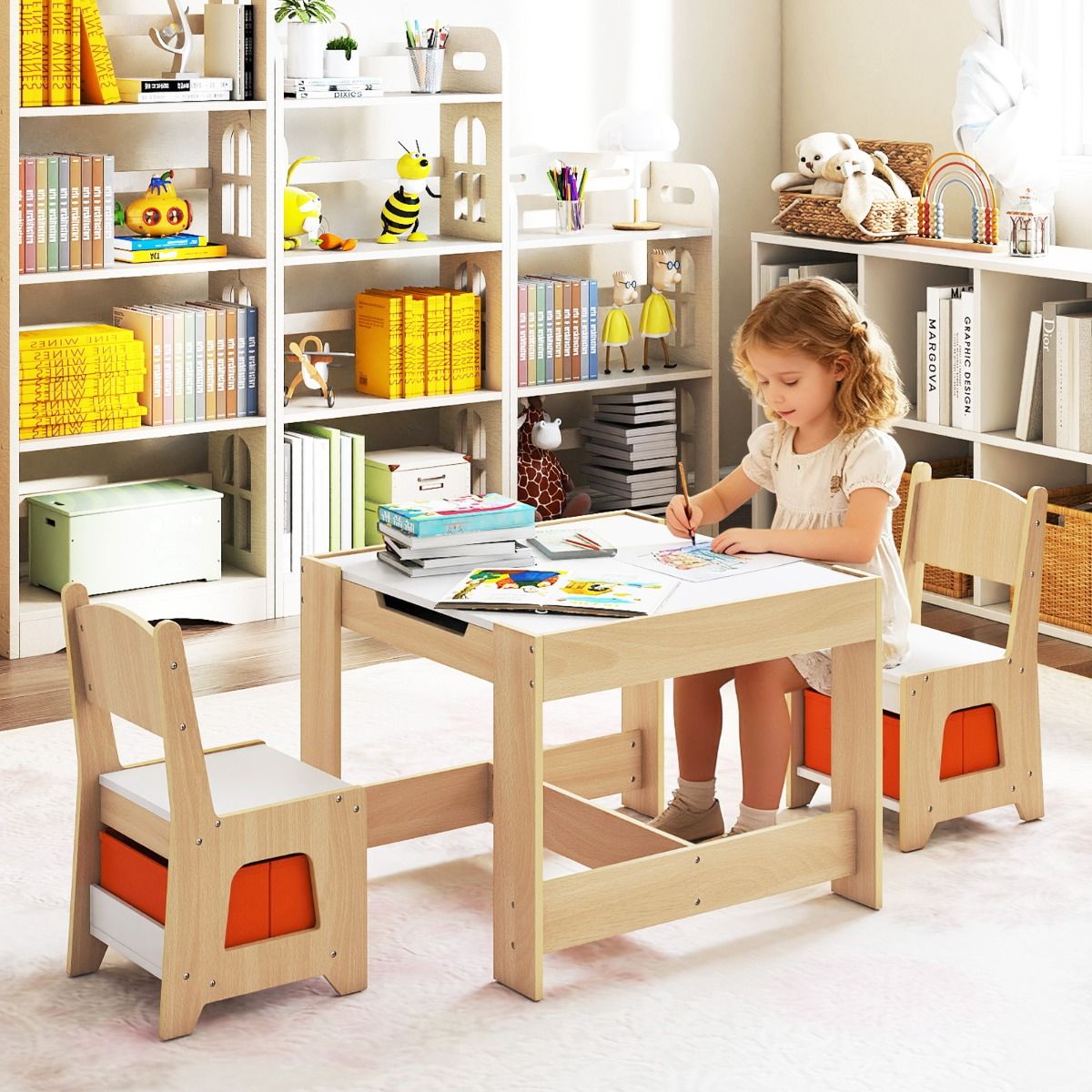 Coast Kindertafel en Stoelset - Houten activiteiten tafel - Dubbelzijdig blad - Naturel