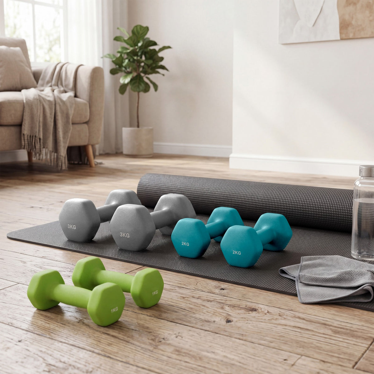 JOYFURNOS limoengroen - blauwgroen en lichtgrijs set zeskantige dumbbells - inclusief standaard
