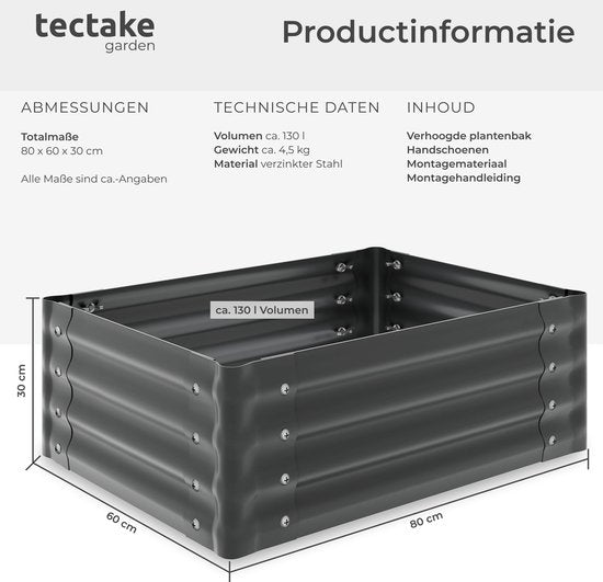 tectake® Verhoogde Plantenbak - 80 x 60 x 30 cm - 130 L - Plantenbakken voor Buiten - Kweekbak - Moestuinbak - Verzinkt Staal - Open Bodem - Kruidentuin - Tuinbak - Ergonomisch