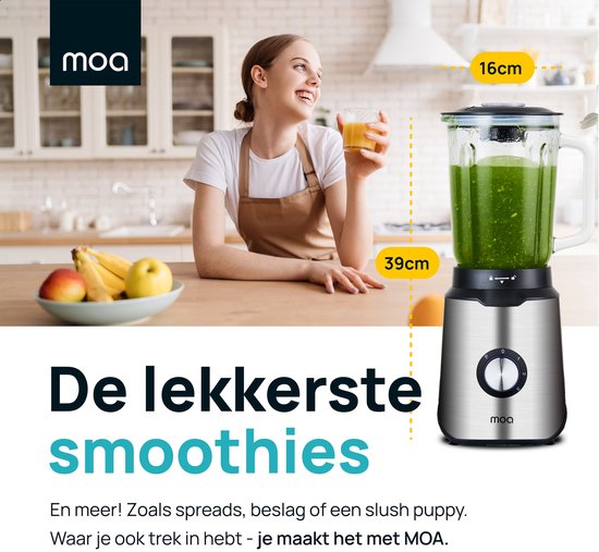 MOA Blender - BPA-Vrij - Smoothie Maker met 1,5L Glazen Kan - Voor Ijs, Bevroren Fruit, Noten - Mini - 1000W - RVS - Zilver