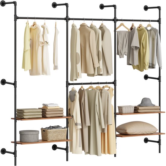 SoBuy wandgemonteerde kledingstang met 4 hangstangen en 4 MDF-planken, open kledingkast, draagvermogen 120 kg voor slaapkamer, 265x48x220 cm, industrieel zwart KLS19-SCH