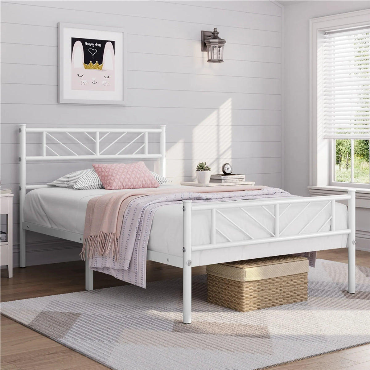 Yaheetech Metalen Bedframe 90 x 190 cm - 196,5 x 96 x 88,5 cm - Wit - 32 cm Hoog - Met Hoofdbord