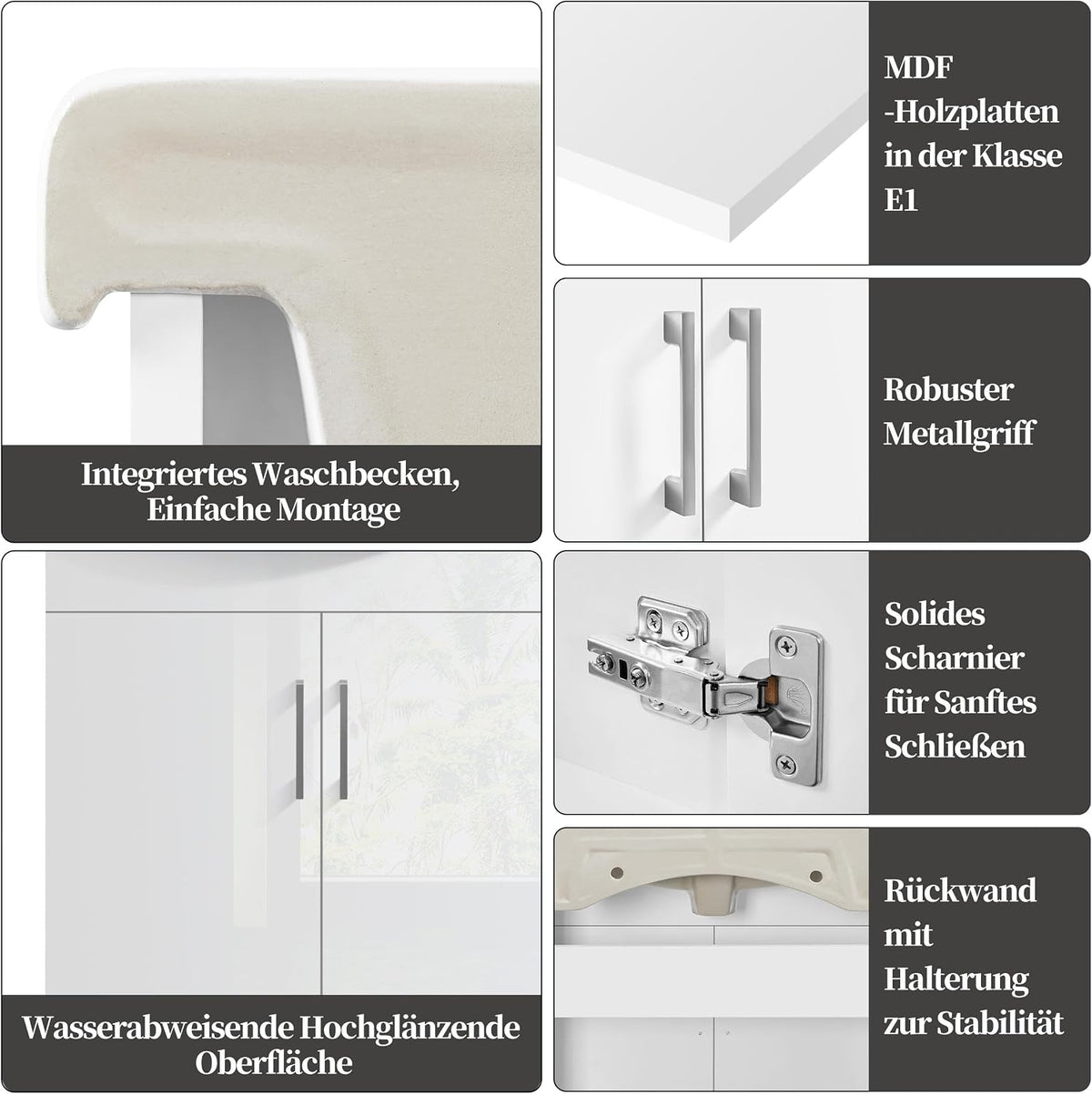 Yaheetech Badkamermeubel met Wastafel - Wit Hoogglans - 61 x 43,5 x 84 cm - Vrijstaand, Keramische Wasbak
