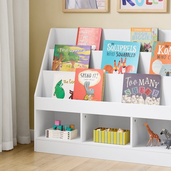 SoBuy Montessori KMB118-W Boekenkast voor kinderen, kinderrek met 3 opbergvakken en speelgoed opbergrek, kinderkamer, boekenrek en speelgoedrek, wit, 100 x 80 x 30 cm