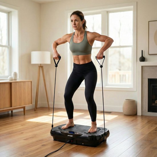 Fitby Trilplaat - Trilplaat Fitness - Powerplate - Inc. weerstandbanden en handvatten - Met Afstandsbediening - 3 Trainingsstanden - 120 Snelheidsniveaus - Zwart
