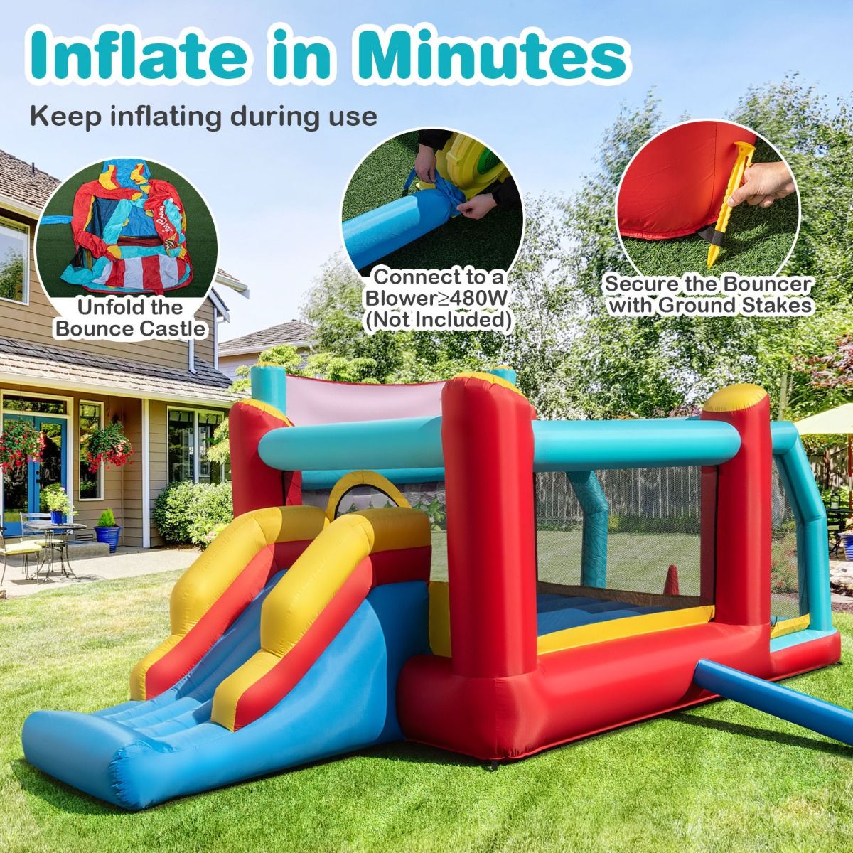 Coast Opblaasbaar Springkussen 5-in-1 - Glijbaan - Ballenbad - Basketbalring - Meerkleurig 485,5 x 239 x 206 cm