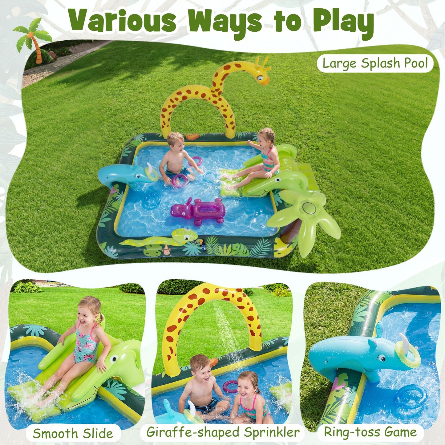 Coast Dieren in de Jungle Opblaasbaar Zwembad met Glijbaan en Sprinkler - Ringwerpspel Waterspeelcentrum voor Kinderen - 208x178x138 cm - Multikleur