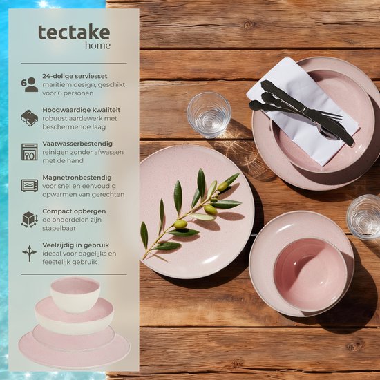tectake® Serviesset Mare - 24-delig - Aardewerk met Glanzend Glazuur - 6 Persoons - Handgemaakt Servies - Moderne Bordenset met Grote en Kleine Borden, Kommen, Schaaltjes - Vaatwasser- en Magnetronbestendig - Roze