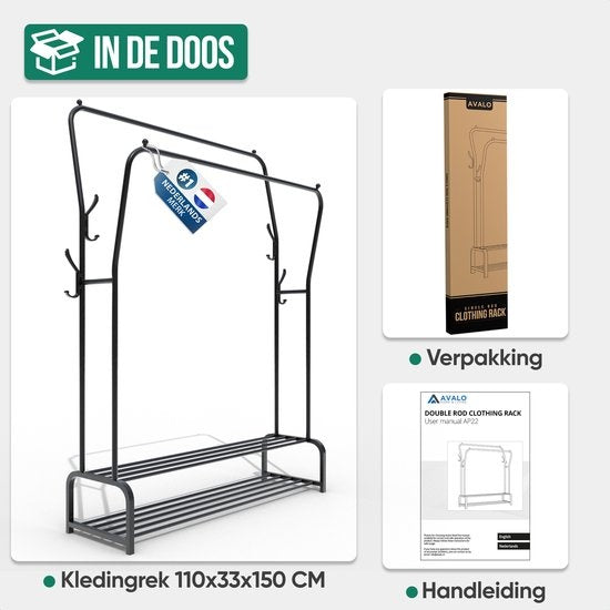 Avalo Industrieel Kledingrek Dubbele Stang - Metaal - 110x33x150 CM - Zwart - Opbergruimte Voor Schoenen - Garderoberek Met Haken