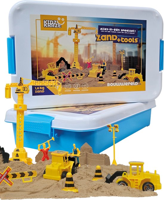KidzKraze® Bouwwereld Speelzand – 1,6 kg bruin kleefzand voor binnen – Met Vormpjes en Speelgoed – Inclusief speel en opbergkoffer – Sensorisch – Speelgoed – zand bak starter set voor kinderen - Het grote speelgoedboek 2025
