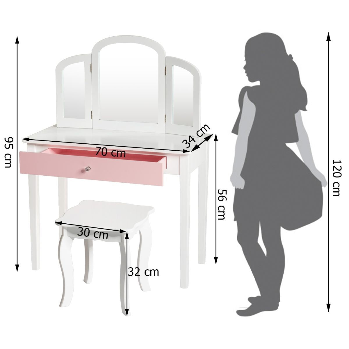 Coast Opmaaktafel - Kaptafel/Make up Tafel Met Spiegel en Krukje - 70 x 34 x 95,5 cm - Wit