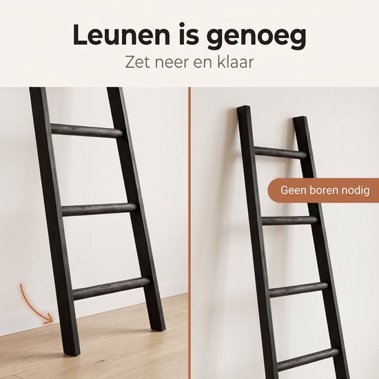Cheqo® Decoratieladder - Handdoekladder - Houten Decoratieladder - Zwarte Decoratieladder - Ladderrek - Handdoekenrek - Sierladder - Badkamer Ladder - Kledingladder - Decoratieve Ladder voor Binnen - Ladder voor Plaids - Woonladder