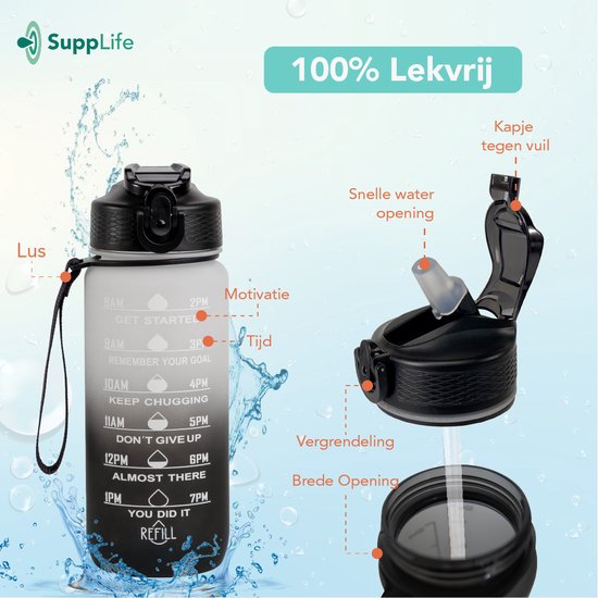 Supplife Motivatie Waterfles - 600 ml Drinkfles - Waterfles met Tijdmarkering - Met Rietje - Volwassenen - Kinderen - Wit Zwart