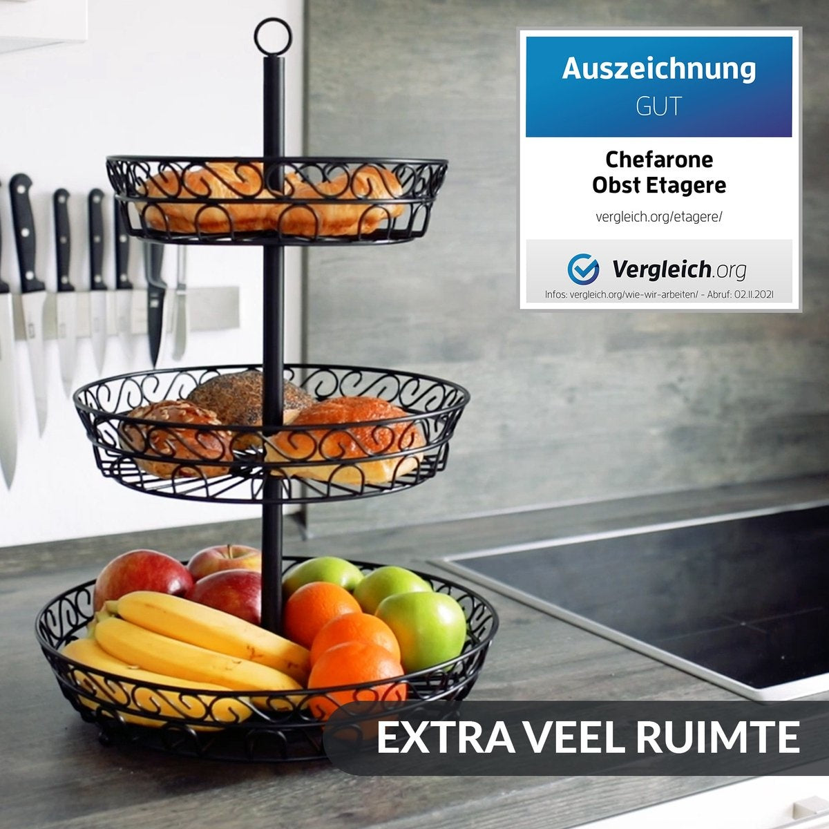 Chefarone Fruit Etagère - Fruitmand – Fruitschaal – Groentemand – Opberger – 3 Laags – Metaal - Zwart