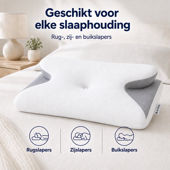 Ergonomisch Hoofdkussen - 95% Katoen - Hoofdkussen Nekklachten - Vlinderkussen - Voor Rug-, Buik- en Zijslapers - Memory Foam - Traagschuim Kussen - Slaapkussen - Kussen - Ergonomisch Kussen - Orthopedische Kussens - Medium