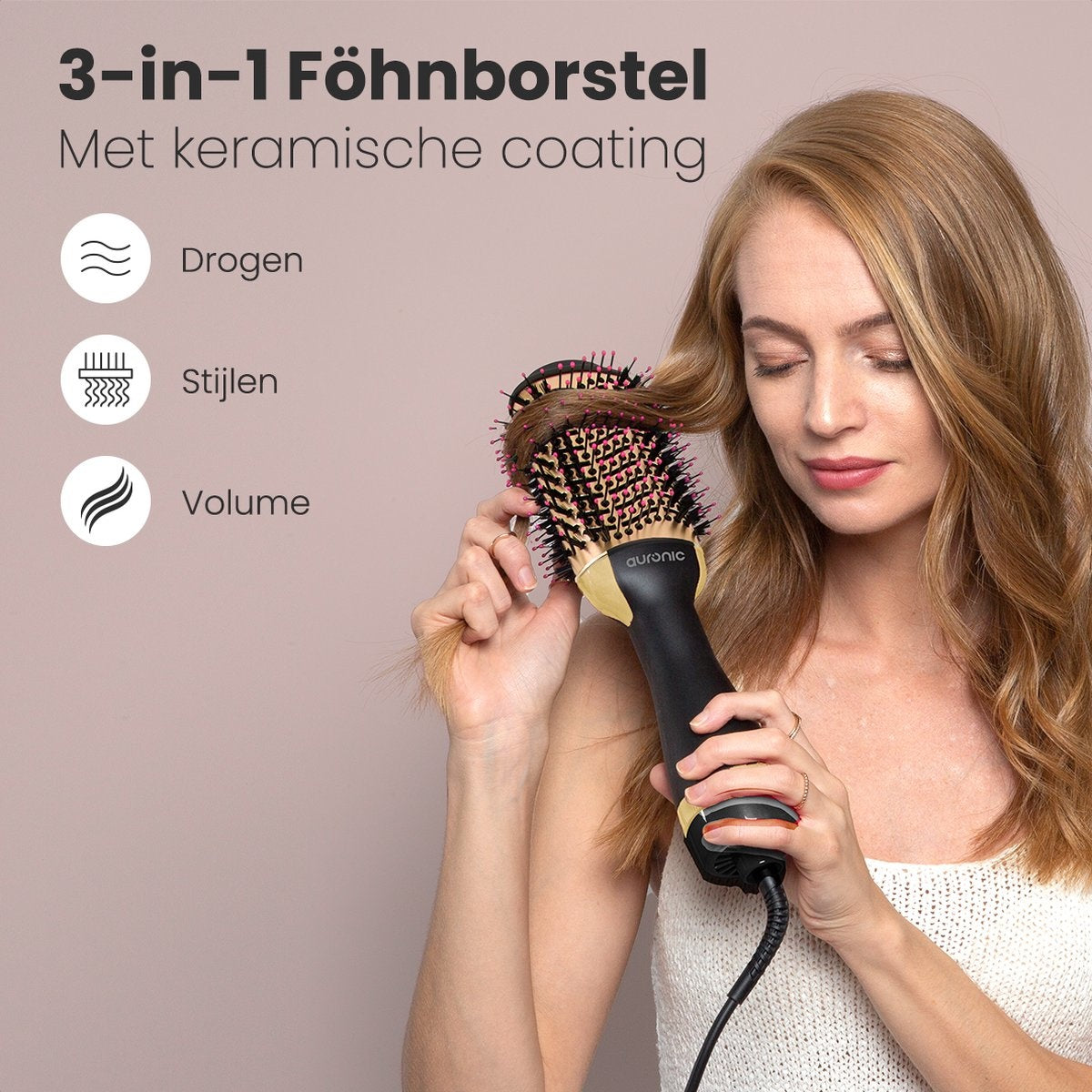 Auronic 3-in-1 Föhnborstel - Keramische Magic Brush - Airstyler - Lang/Stijl/Krullen - 1000W - Zwart/Goud