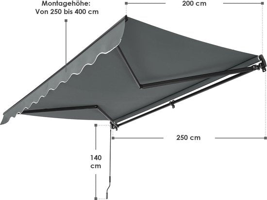 Zonnescherm / Luifel - 250 x 200 cm - Donkergrijs - Incl. Bevestigingsmaterialen