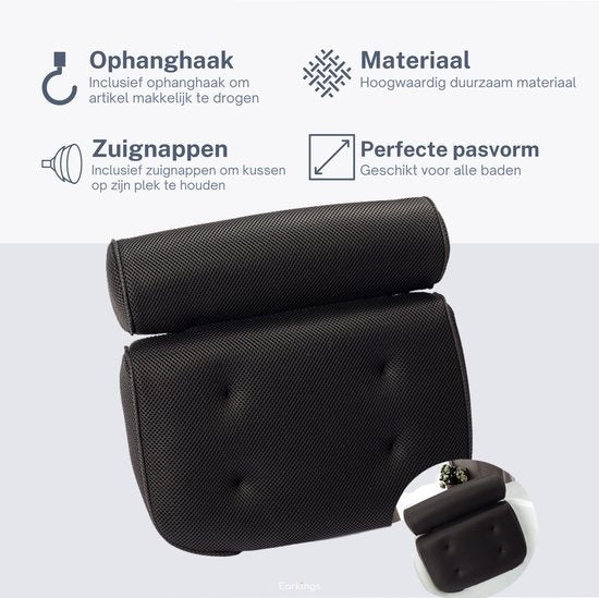 Earkings Badkussen met 6 Zuignappen en Ophanghaak - Bad Kussen voor in Bad - Bad Accessoires Nekkussen Bad - Hoofdsteun Bad Zwart