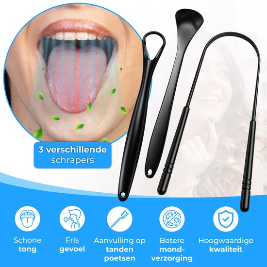Nuvance Professionele Tongschraper - 3 in 1 Set - voor Mondverzorging - Tongreiniger - Tong Schraper - Tongue Scraper - RVS - Zwart