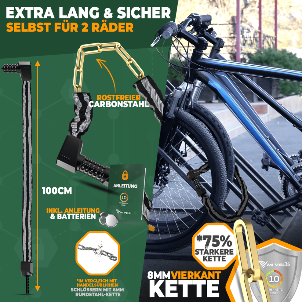 MIVELO - High-Security Kettingslot Met Cijferslot & LED - 100 cm Lang - Gehard Staal - 8 mm Dikte - Zwart