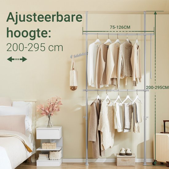 SoBuy Telescoop Kledingrek - Verstelbaar Opbergsysteem - Klerenrailsysteem - B(75–126) × H(200–295) cm, Grijs FRG109-II-HG