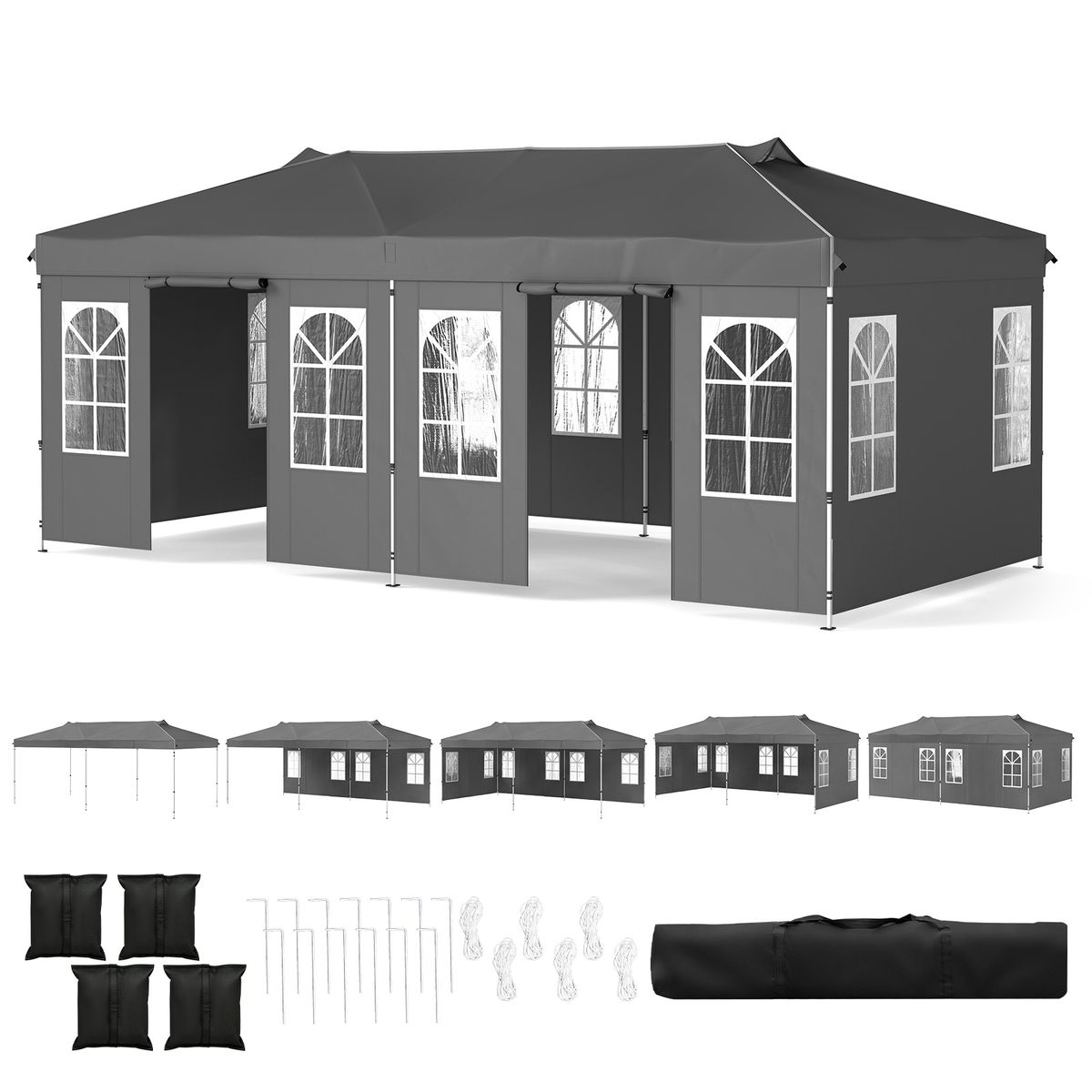 Coast Pop-up Partytent - Hoogteverstelbaar met 6 zijwanden en ramen - Grijs 3x6 meter