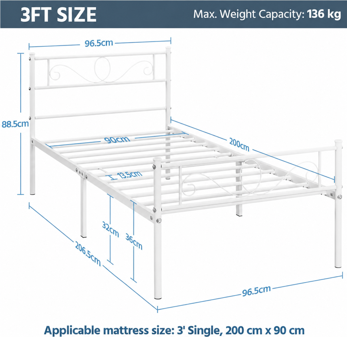 Yaheetech Metalen eenpersoonsbed met lattenbodem - 196,5 x 96,5 x 88,5 cm - Wit
