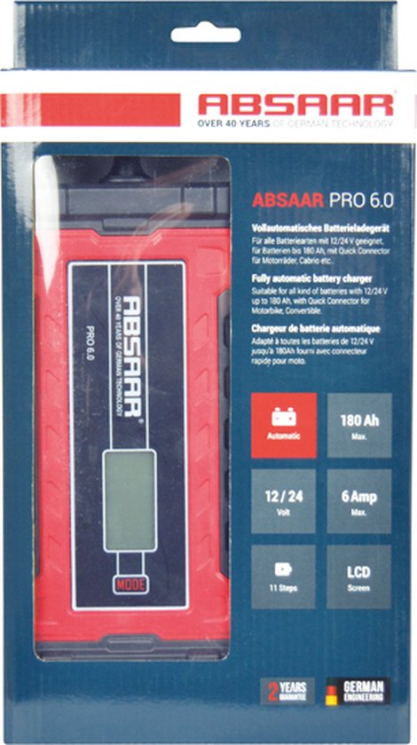 Absaar Acculader Pro 6.0 (12/24v - 6a) 0-120/180ah Rood/zwart