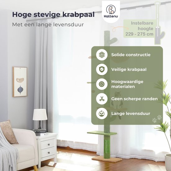 Kattenu CactusTower - Hoge Krabpaal plafond - Verstelbaar van 229 - 275 cm - Groen - Plafond krabpaal voor katten