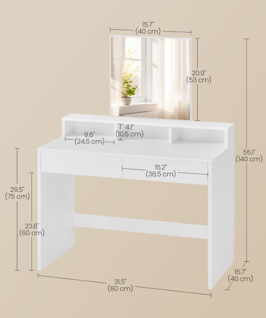 VASAGLE Kaptafel met Spiegel – 2 Lades & 3 Vakken – Wit – 40 x 80 x 140 cm