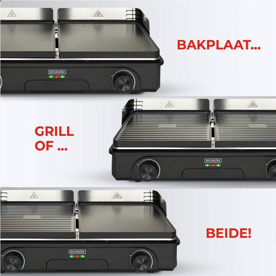 Bourgini Plancha Pure voor 8 personen – Keramische coating (PFAS-vrij) – Elektrisch – Gezond grillen - Bakplaat - Grillplaat - Keerbare bakplaat ribbel en vlak