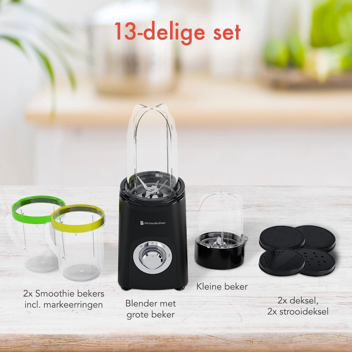 KitchenBrothers Smoothie Blender  2-in-1 - 4 Bekers Mini Blender To Go  Mini Blender  Zwart