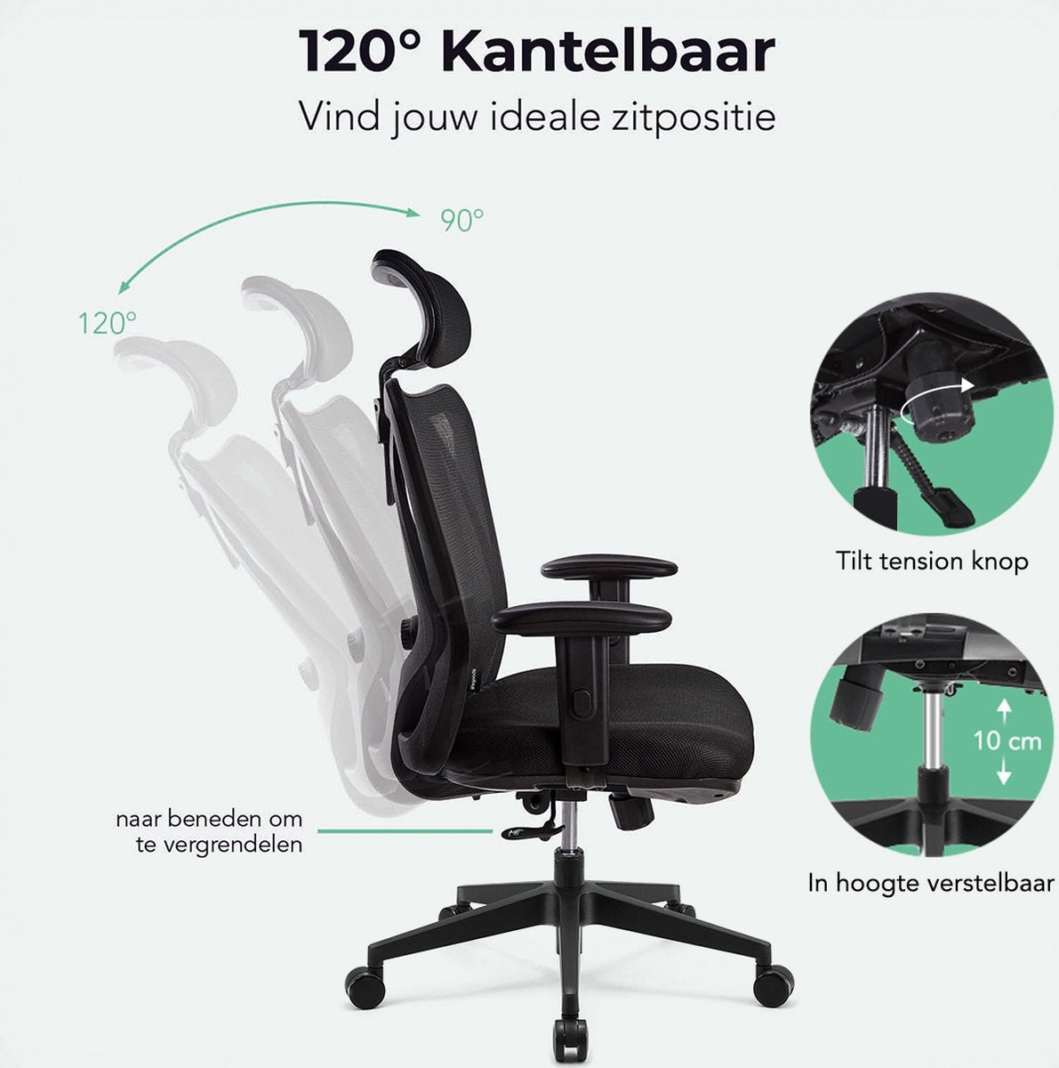 LifeGoods Ergonomische Bureaustoel - Volwassenen - Verstelbaar - Hoofdsteun - Zwart