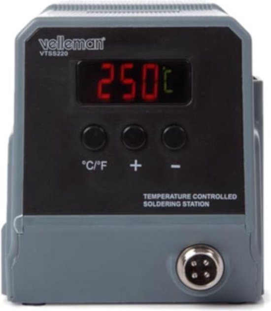 Velleman Soldeerstation met led-display en keramisch verwarmingselement, 90 W, temperatuurbereik 50-480 °C, geschikt voor professionals of doe-het-zelvers, grijs
