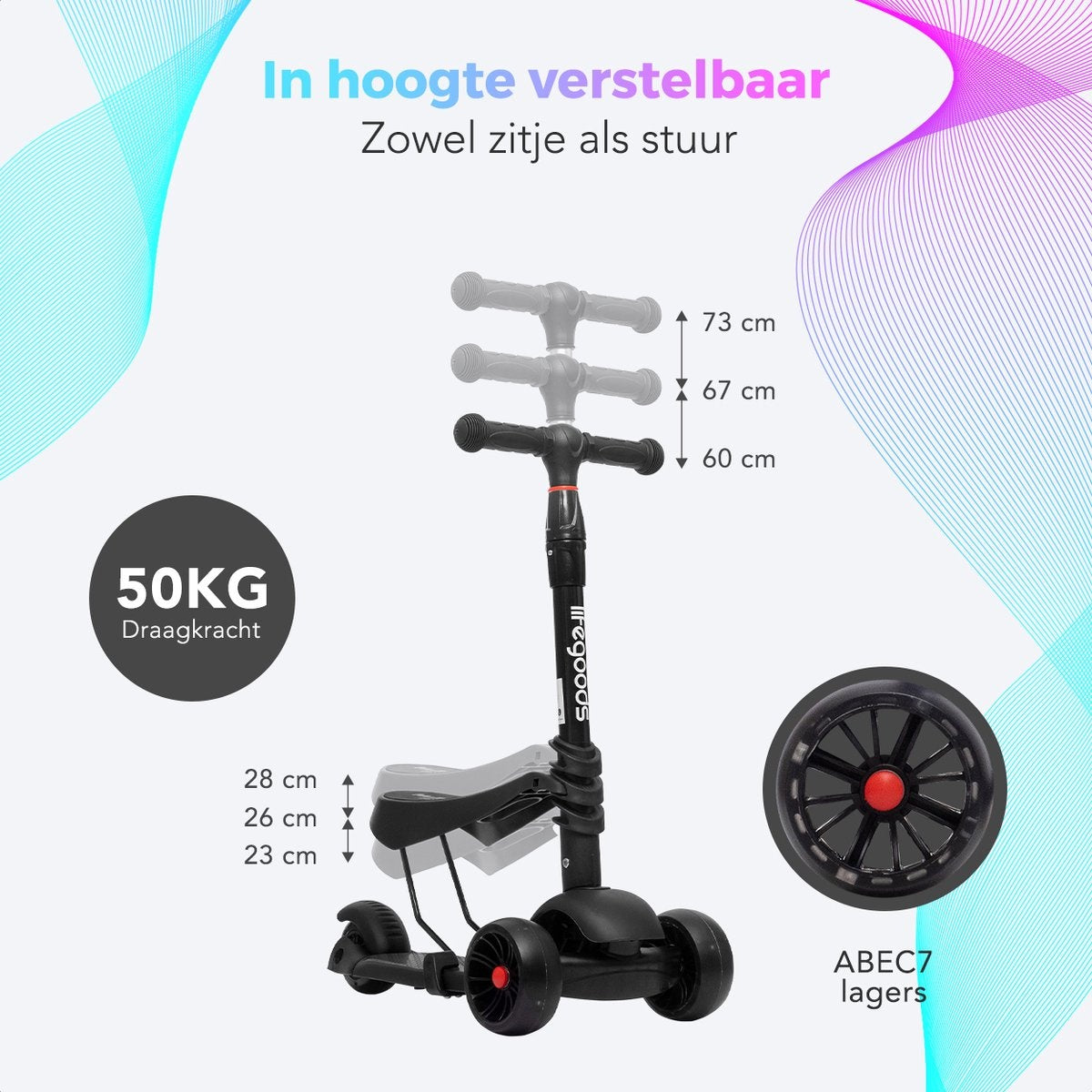 LifeGoods MultiRider Kinderstep - Step 3-8 Jaar - Verstelbaar Zitje - Lichtgevende Wielen - Jongens/Meisjes - Zwart