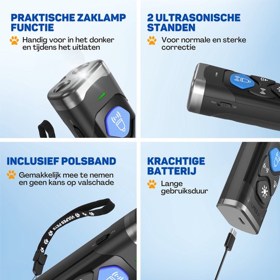 Vulpes Goods® Ultrasone Anti Blaf Apparaat – 4-in-1 Anti Blaf Apparaat Max - Zonder Schok - alternatief Anti Blafband - voor Kleine & Grote Honden - Audio - Flashlight - Zaklamp - USB-Oplaadbaar