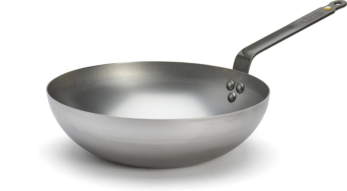 De Buyer Wok – Plaatstaal – Ø 28 cm – Brede Bodem – Grijs – PFAS-vrij – Geschikt voor Inductie