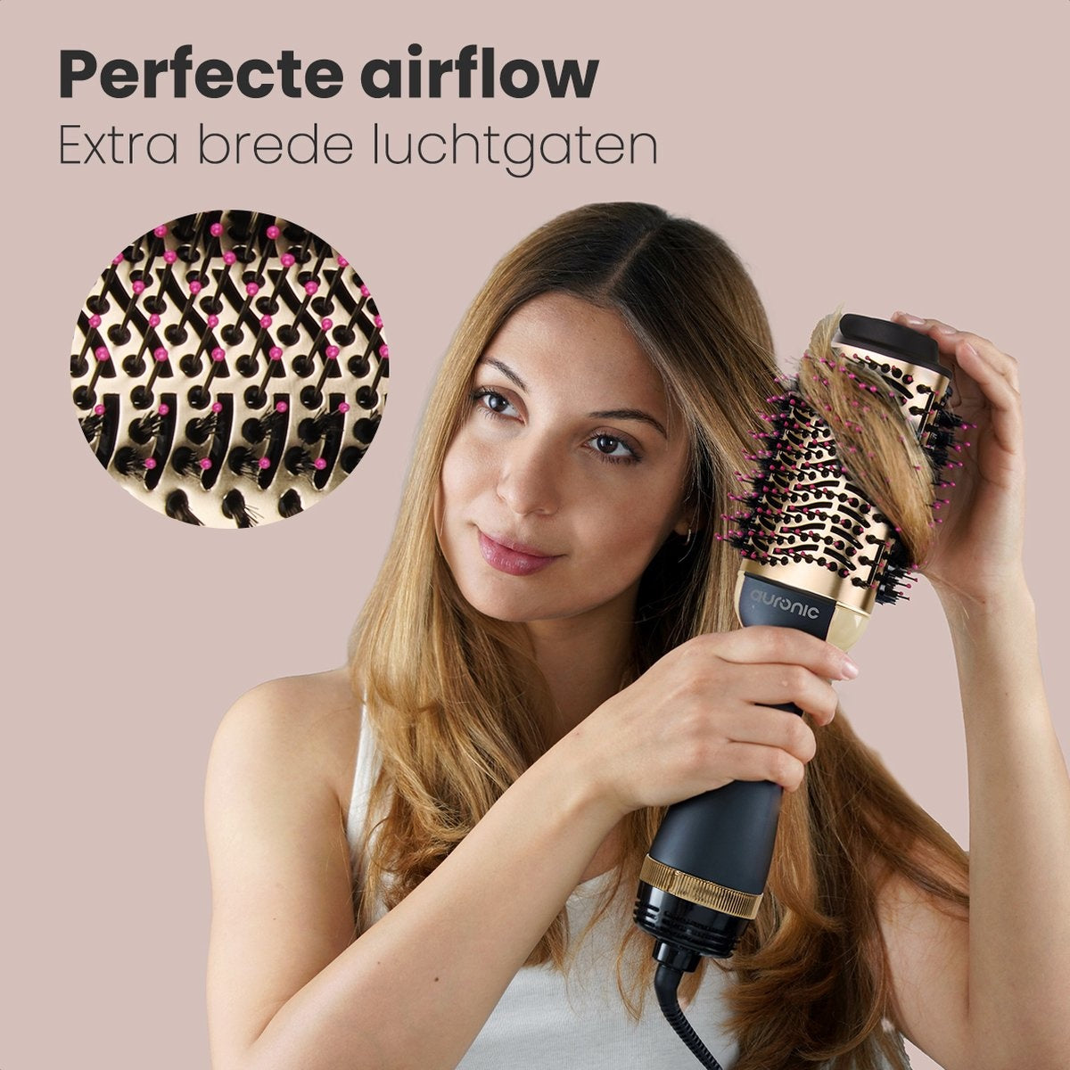 Auronic 3-in-1 Föhnborstel - Keramische Magic Brush - Airstyler - Lang/Stijl/Krullen - 1000W - Zwart/Goud