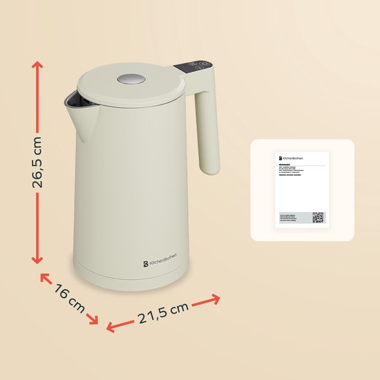 KitchenBrothers Waterkoker - 1.7L - Met Temperatuurregeling - Elektrisch - Warmhoudfunctie - Display - Dubbelwandig - Cool-touch - 2200W - Beige
