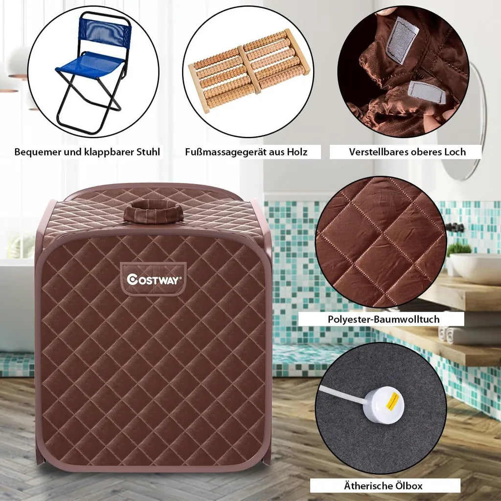 Coast Mini Stoomsauna 2 Liter - Opvouwbare Thuissauna met Afstandsbediening, Timer, 9 Temperatuurstanden en Stoel - Bruin