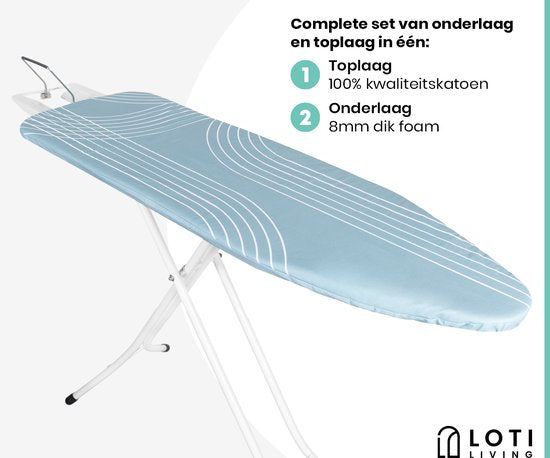 Loti Living Strijkplankhoes 124 x 38 cm - Breeze - Strijkplankovertrek - Complete set - Universeel