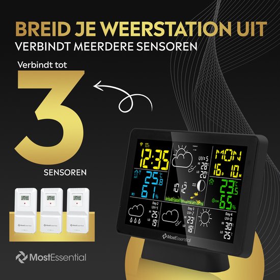 MostEssential Weerstation Wifi Edition - Draadloos Weerstation met Buitensensor - Hygrometer - Binnen en Buiten - 150 Meter Bereik - Inclusief App - Zwart - 2 sensors