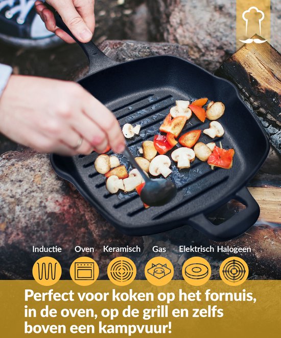 Chefarone Gietijzeren Grillpan – 25,5 cm – Voor Inductie, Gas, Oven & BBQ – Vierkante Grillpan met Ribbels – Perfecte Grillstrepen & Warmteverdeling – Pan met Handgreep