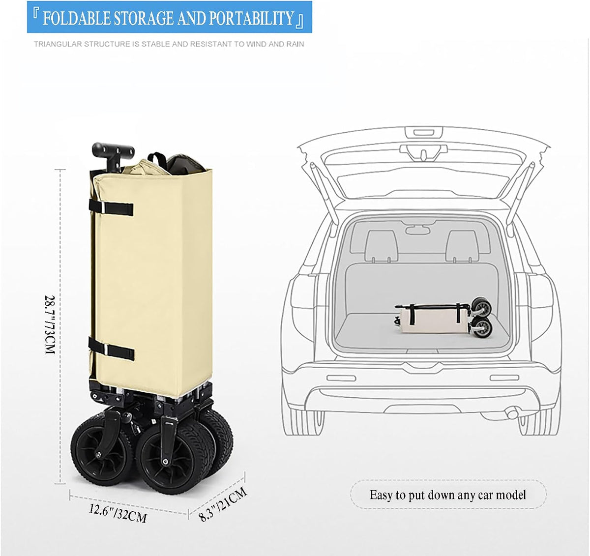 Beige Opvouwbare Bolderkar 150 L - 150 kg - All-Terrain Wielen - Verstelbaar Handvat