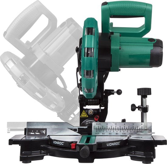VONROC Afkortzaag – Elektrisch, Met Laser & Ø216 mm Zaagblad – 1700 W – 79 x 46,5 x 36 cm – Zilver/Zwart