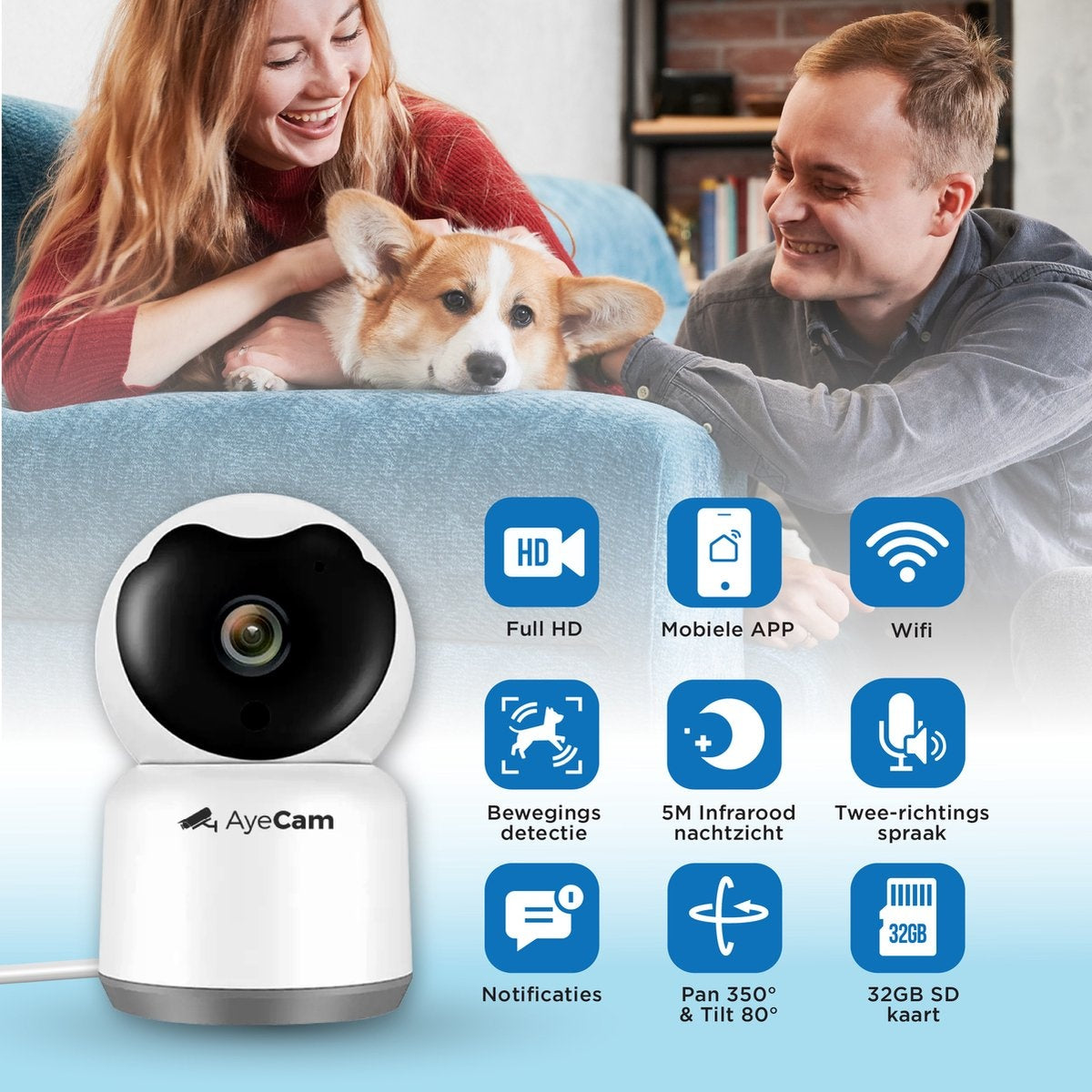 AyeCam Huisdiercamera - Met App - Incl. 32GB SD - WiFi - Beweeg & Geluidsdetectie - Beveiligingscamera