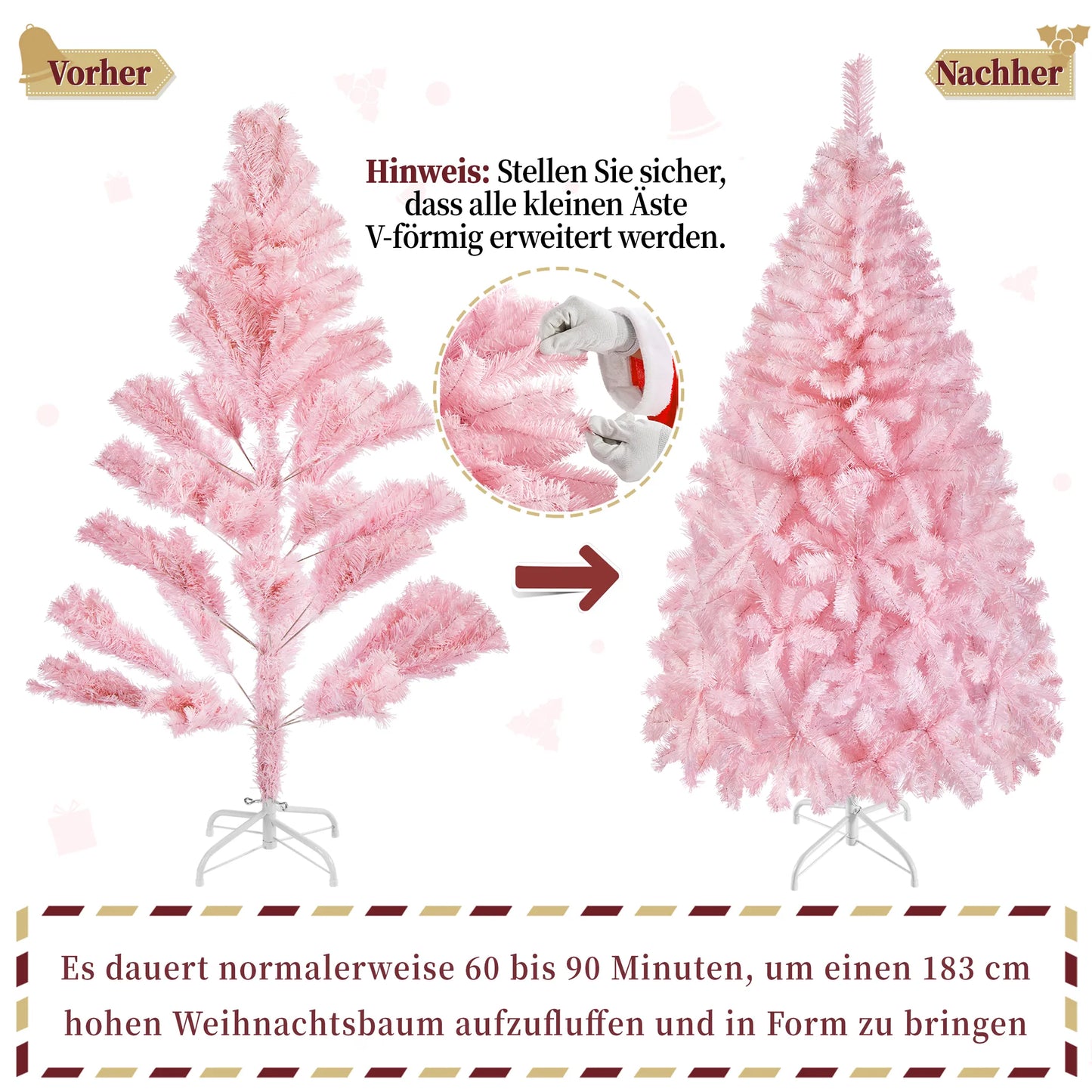 Yaheetech Kunstkerstboom Roze – 110 x 110 x 183 cm – Voorzien Van 598 Takpunten En Inklapbare Metalen Voet En Beschermende Gummikappen – Voor Woonkamer En Feestdagen – Roze PVC En Metaal