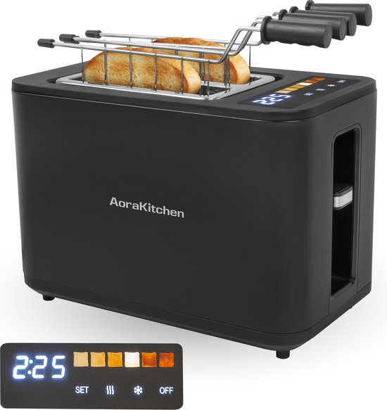 AoraKitchen Broodrooster met Tostiklemmen - 6 Warmteniveaus - Led Scherm - Toaster - Timer - Zwart