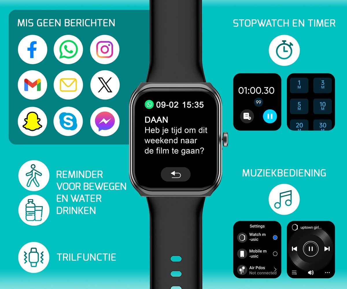 FITAGE Smartwatch - Smartwatches - Stappenteller - Sporthorloge - Smart watch - Activity Tracker - Dames en Heren - Zwart